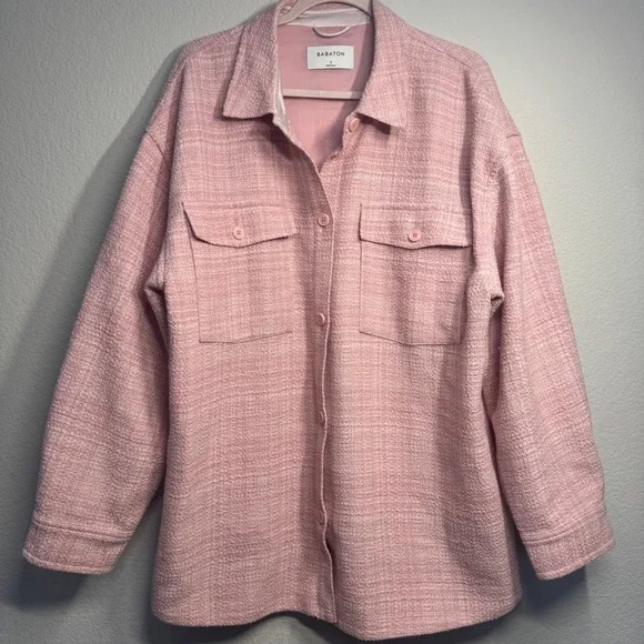 Aritzia‎ Babaton Tweed Jacket L XL Pink Oversized Shacket Pockets Buttons Collar - Picture 2 of 7
